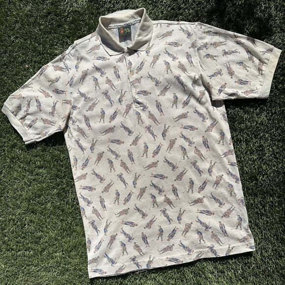 Vintage Bobby Jones Made in Italy Allover 1930s Golfer Printed Short Sleeve Polo - Picture 1 of 11